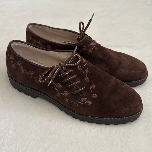 {VTG} Alp Traum | Italian Embroidered Leaf Vine Suede Leather Loafers Brown 41.5
