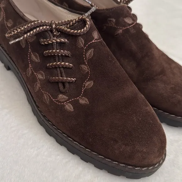 {VTG} Alp Traum | Italian Embroidered Leaf Vine Suede Leather Loafers Brown 41.5