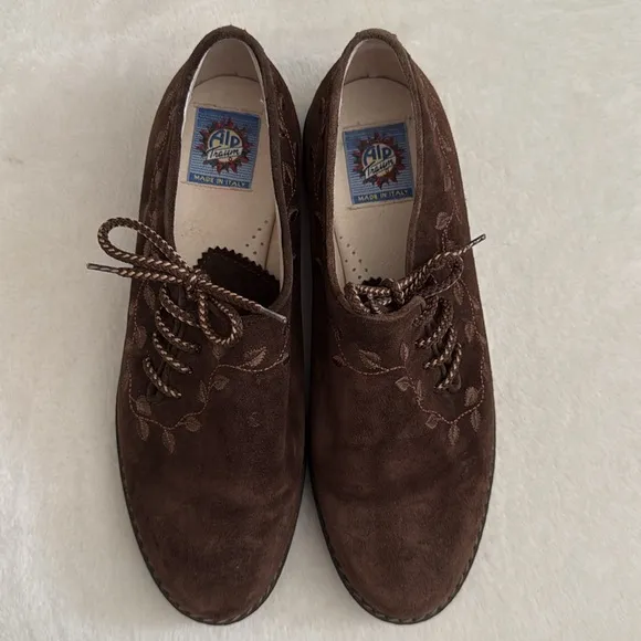 {VTG} Alp Traum | Italian Embroidered Leaf Vine Suede Leather Loafers Brown 41.5