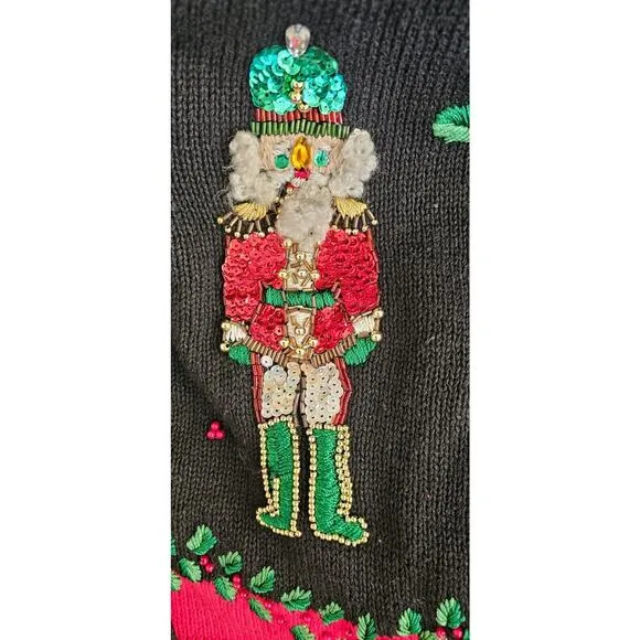 Vtg Christmas Cardigan Sweater Petite Small Victoria Jones Beaded 3D Nutcrackers