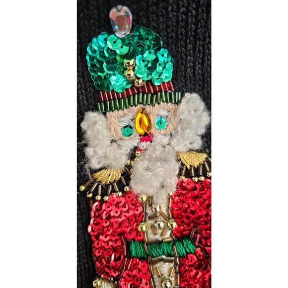 Vtg Christmas Cardigan Sweater Petite Small Victoria Jones Beaded 3D Nutcrackers