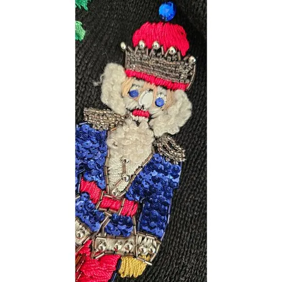 Vtg Christmas Cardigan Sweater Petite Small Victoria Jones Beaded 3D Nutcrackers