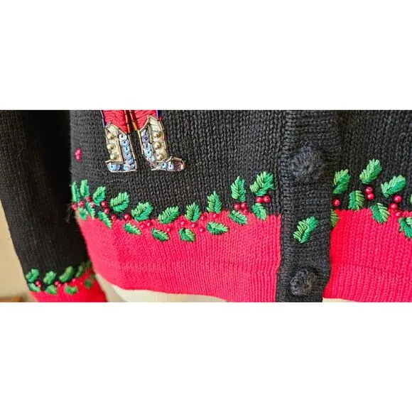 Vtg Christmas Cardigan Sweater Petite Small Victoria Jones Beaded 3D Nutcrackers