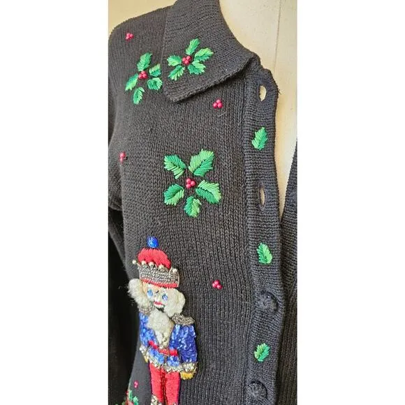 Vtg Christmas Cardigan Sweater Petite Small Victoria Jones Beaded 3D Nutcrackers