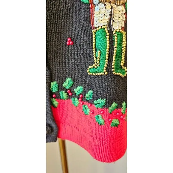 Vtg Christmas Cardigan Sweater Petite Small Victoria Jones Beaded 3D Nutcrackers