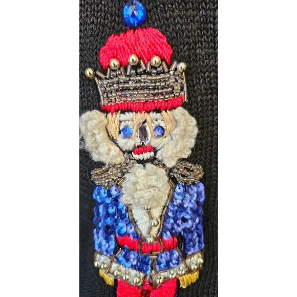 Vtg Christmas Cardigan Sweater Petite Small Victoria Jones Beaded 3D Nutcrackers