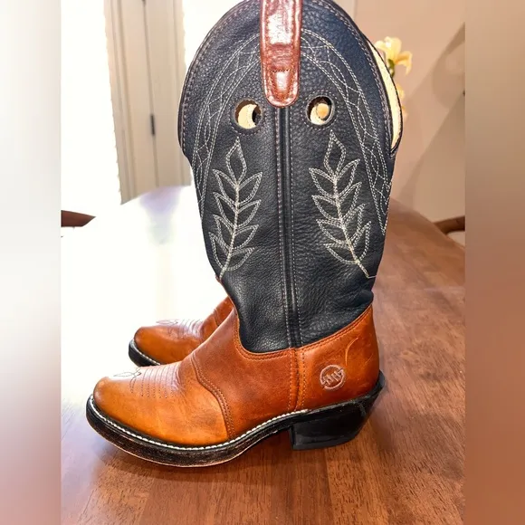 Vtg Double-H Western Cowboy Boots Sz 6 M Bold Stitch Leather Thick Sole USA Made