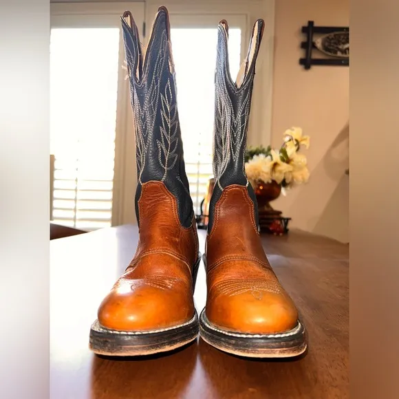 Vtg Double-H Western Cowboy Boots Sz 6 M Bold Stitch Leather Thick Sole USA Made
