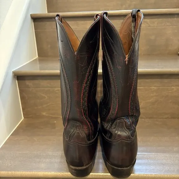 Vtg Lucchese Boots Men 10.5 EE Wide Black Cherry Goatskin Leather Western Rodeo