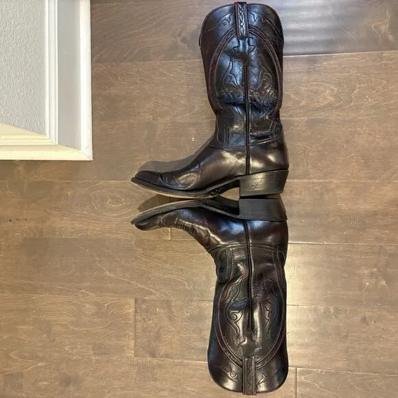 Vtg Lucchese Boots Men 10.5 EE Wide Black Cherry Goatskin Leather Western Rodeo