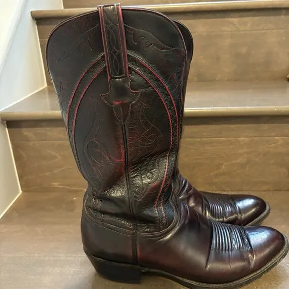 Vtg Lucchese Boots Men 10.5 EE Wide Black Cherry Goatskin Leather Western Rodeo