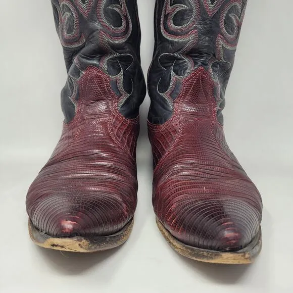 VTG Nocona Boots Men 11.5D Black Red Lizard Leather Cowboy Western Rodeo Riding