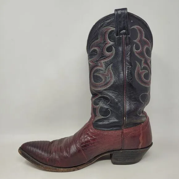 VTG Nocona Boots Men 11.5D Black Red Lizard Leather Cowboy Western Rodeo Riding