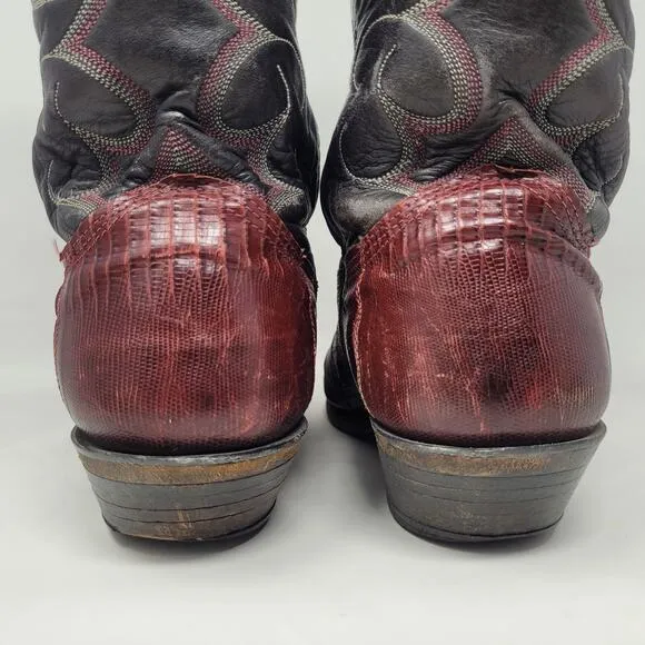 VTG Nocona Boots Men 11.5D Black Red Lizard Leather Cowboy Western Rodeo Riding