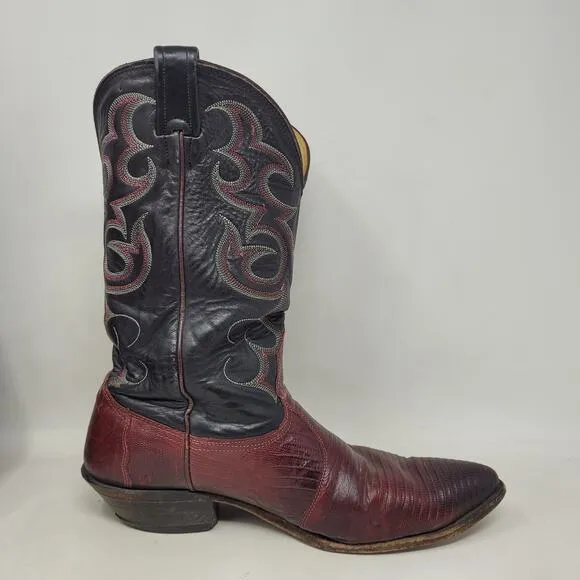 VTG Nocona Boots Men 11.5D Black Red Lizard Leather Cowboy Western Rodeo Riding