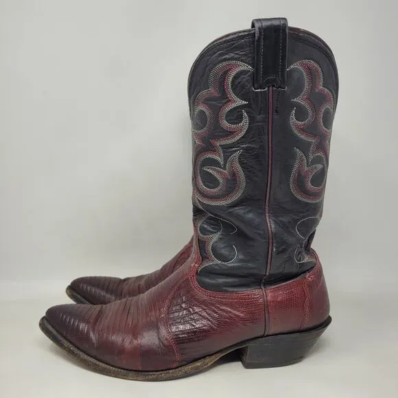 VTG Nocona Boots Men 11.5D Black Red Lizard Leather Cowboy Western Rodeo Riding