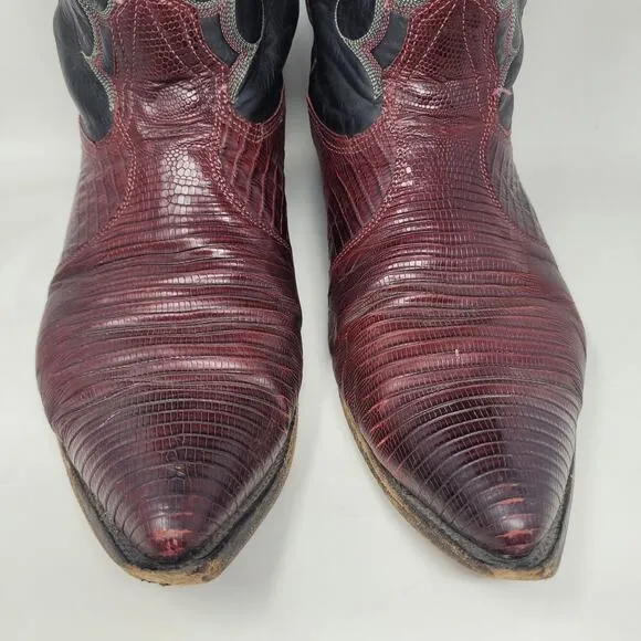VTG Nocona Boots Men 11.5D Black Red Lizard Leather Cowboy Western Rodeo Riding