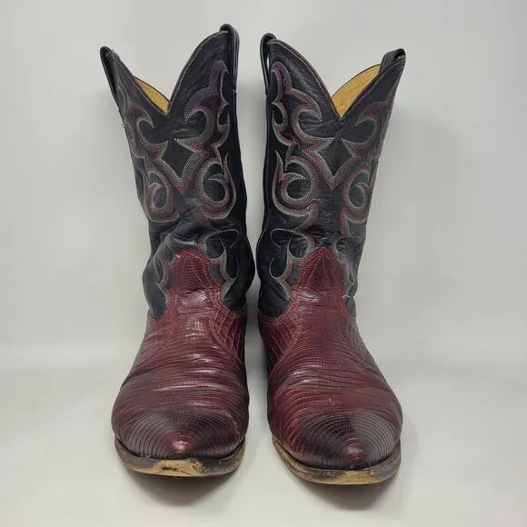 VTG Nocona Boots Men 11.5D Black Red Lizard Leather Cowboy Western Rodeo Riding