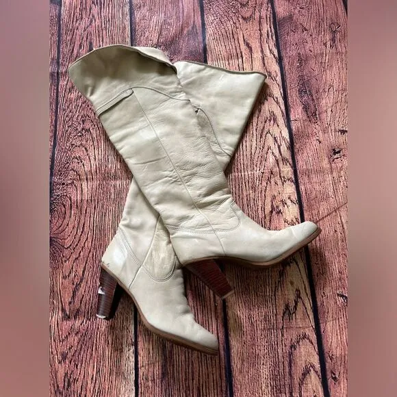 VTG Zodiac USA Ivory Leather‎ Fold Down Pull Up Boots Women 9