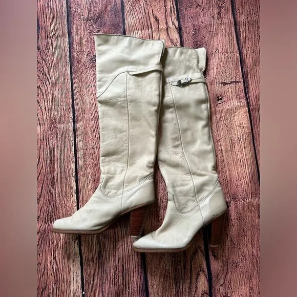 VTG Zodiac USA Ivory Leather‎ Fold Down Pull Up Boots Women 9