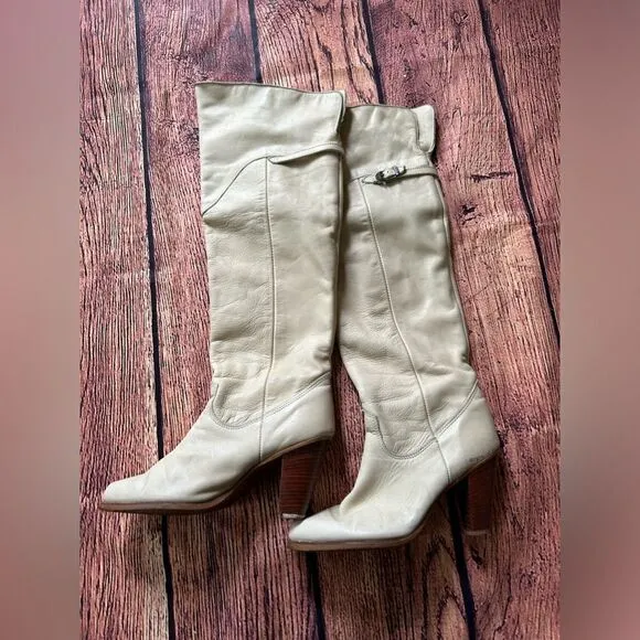 VTG Zodiac USA Ivory Leather‎ Fold Down Pull Up Boots Women 9