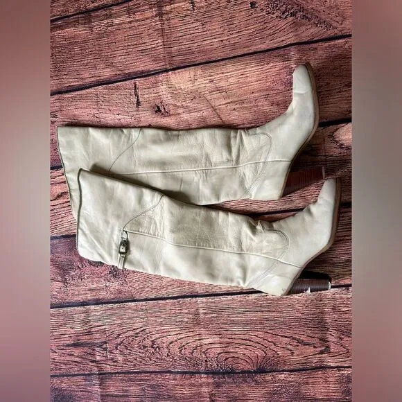 VTG Zodiac USA Ivory Leather‎ Fold Down Pull Up Boots Women 9