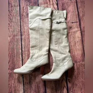 VTG Zodiac USA Ivory Leather‎ Fold Down Pull Up Boots Women 9