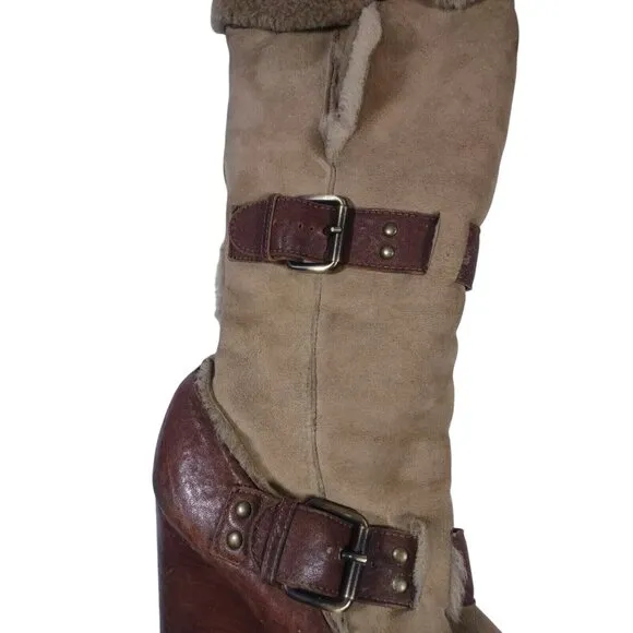 VW1 FENDI CAMEL BROWN WEDGE BUCKLE LONG FUR TRIM BOOTS - SIZE 38.5 39 READ