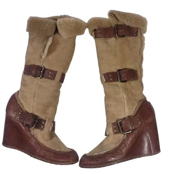 VW1 FENDI CAMEL BROWN WEDGE BUCKLE LONG FUR TRIM BOOTS - SIZE 38.5 39 READ
