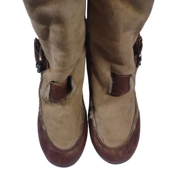 VW1 FENDI CAMEL BROWN WEDGE BUCKLE LONG FUR TRIM BOOTS - SIZE 38.5 39 READ