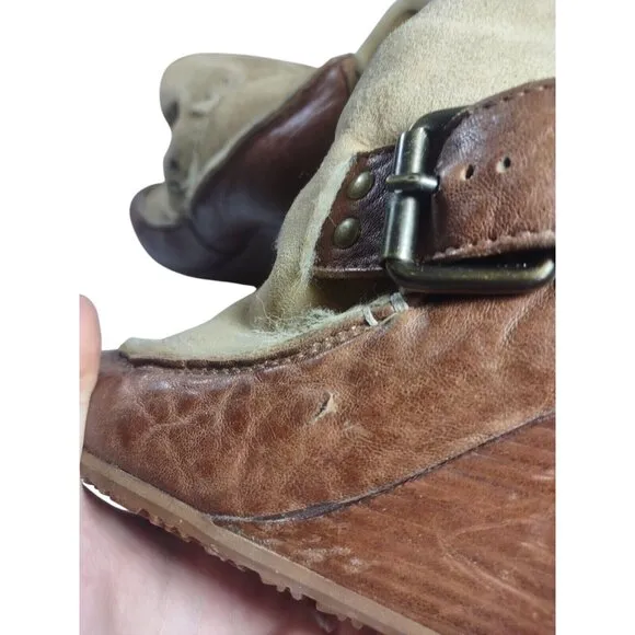VW1 FENDI CAMEL BROWN WEDGE BUCKLE LONG FUR TRIM BOOTS - SIZE 38.5 39 READ