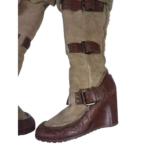 VW1 FENDI CAMEL BROWN WEDGE BUCKLE LONG FUR TRIM BOOTS - SIZE 38.5 39 READ