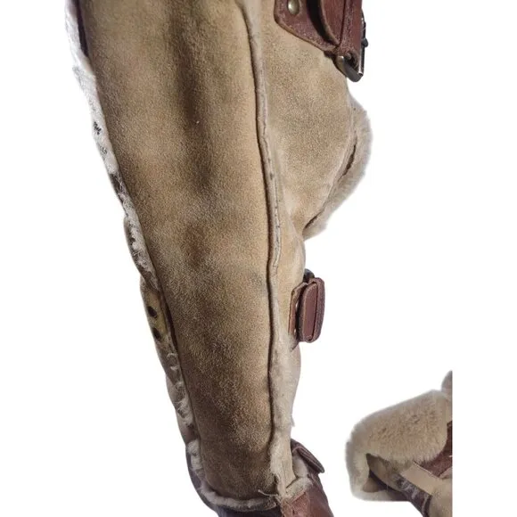 VW1 FENDI CAMEL BROWN WEDGE BUCKLE LONG FUR TRIM BOOTS - SIZE 38.5 39 READ