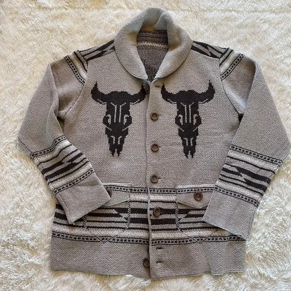 Western Bucking Bronc Rodeo Horse Cowichan Knit Traditional Button Front