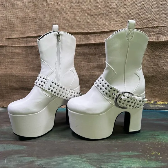 White Platform Cowboy Boots with Studded Strap size 8 NWT