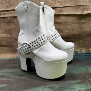 White Platform Cowboy Boots with Studded Strap size 8 NWT