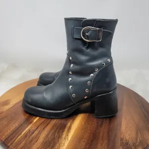 Wicked Road Warrior Women Black Studded Buckle Leather Boots Made in Spain US 7