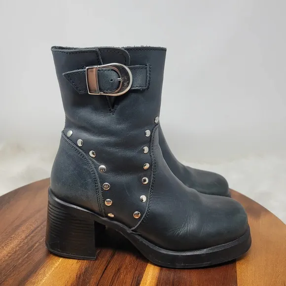Wicked Road Warrior Women Black Studded Buckle Leather Boots Made in Spain US 7