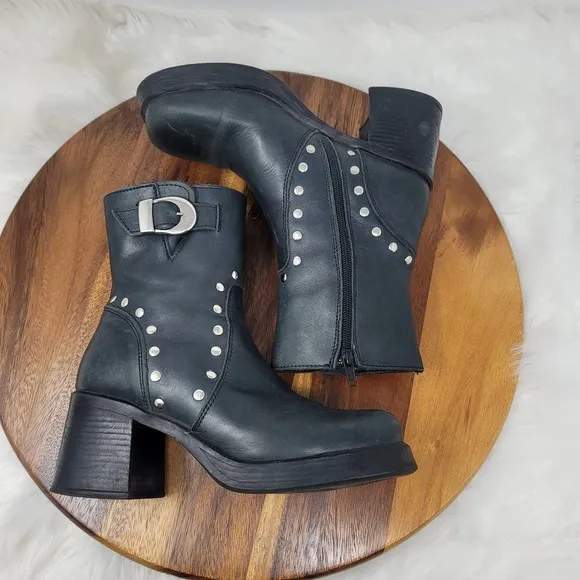 Wicked Road Warrior Women Black Studded Buckle Leather Boots Made in Spain US 7