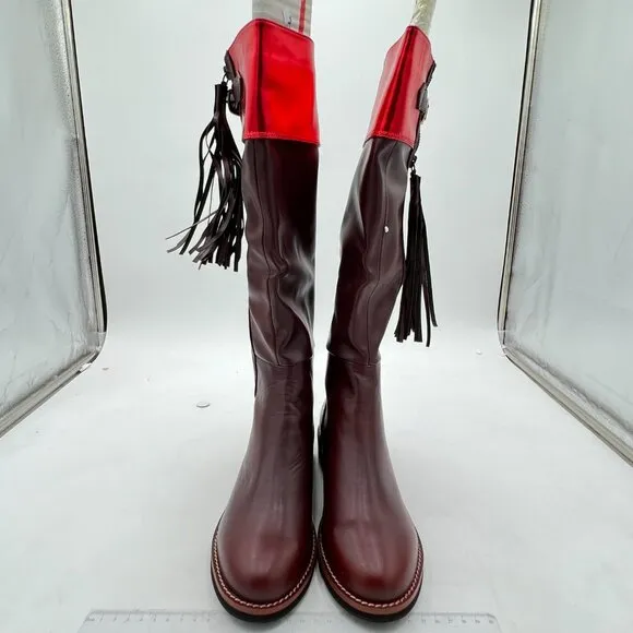 Wine Tassels Fashion Riding Knee High Long Boots Round Toe Low Chunky Heels Shoe