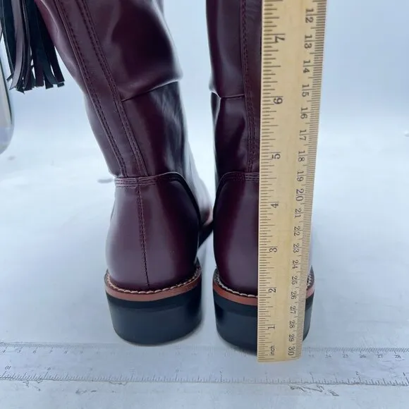 Wine Tassels Fashion Riding Knee High Long Boots Round Toe Low Chunky Heels Shoe