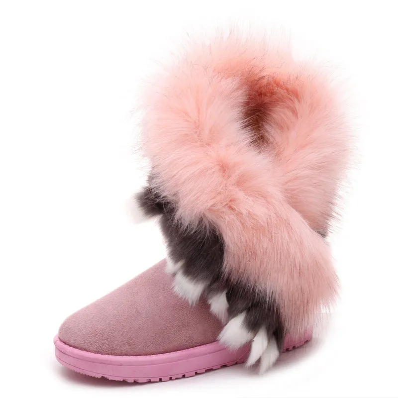 Winter Snow Boots Thick Fluffy Fox Fur Waterproof Non-slip Warm Cotton