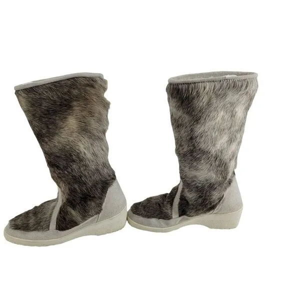 Winter Boots Sherpa Lined Rubber Sole Leather Reindeer Fur Calf Height Sz 7.5