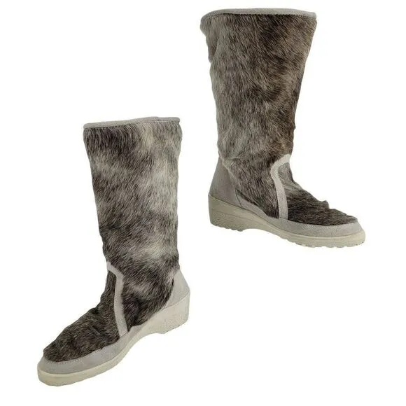 Winter Boots Sherpa Lined Rubber Sole Leather Reindeer Fur Calf Height Sz 7.5