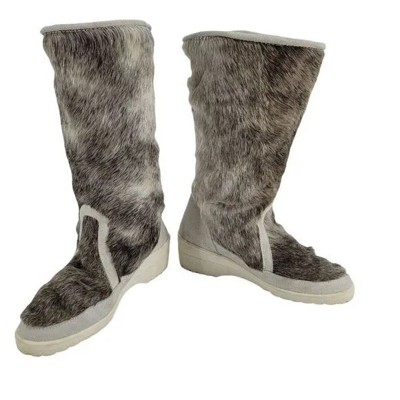 Winter Boots Sherpa Lined Rubber Sole Leather Reindeer Fur Calf Height Sz 7.5