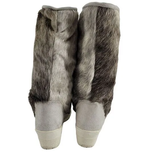 Winter Boots Sherpa Lined Rubber Sole Leather Reindeer Fur Calf Height Sz 7.5