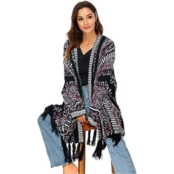 Women Long Sleeve Open Front Cardigan Fall Boho Tassel Cardigan Sweaters