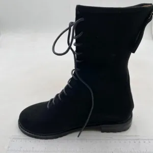 Women Stylish Mid Calf Boots Chunky Low Flat Heel Lace-Up Closed Toe Black Boot