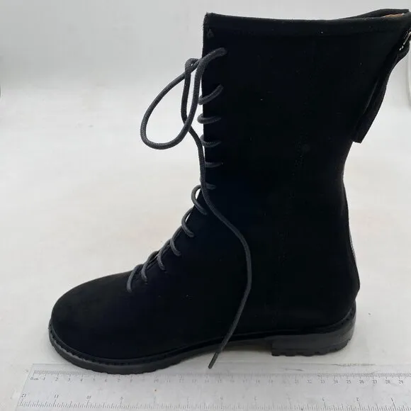 Women Stylish Mid Calf Boots Chunky Low Flat Heel Lace-Up Closed Toe Black Boot