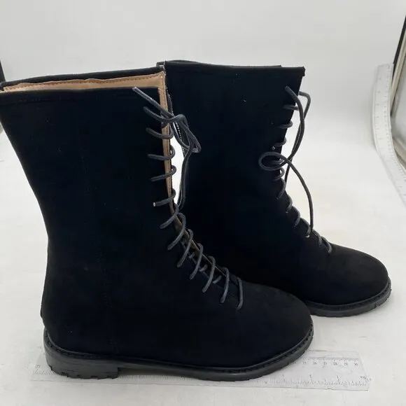 Women Stylish Mid Calf Boots Chunky Low Flat Heel Lace-Up Closed Toe Black Boot